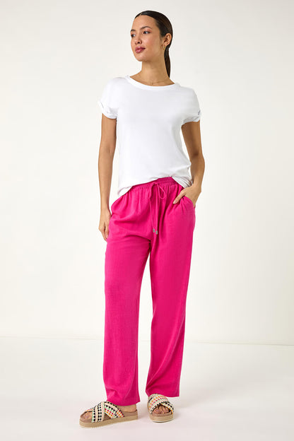 Elastic Waist Tie Front Linen Mix Trouser