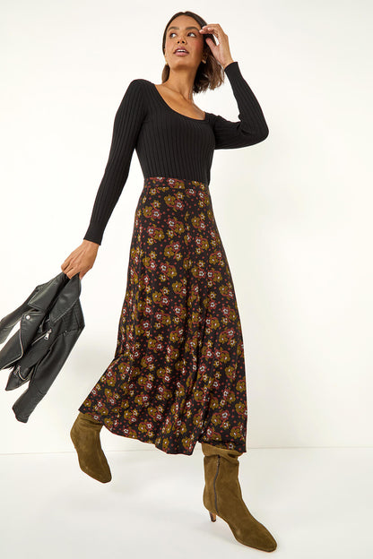 Ditsy Floral Elastic Waist A Line Midi Skirt