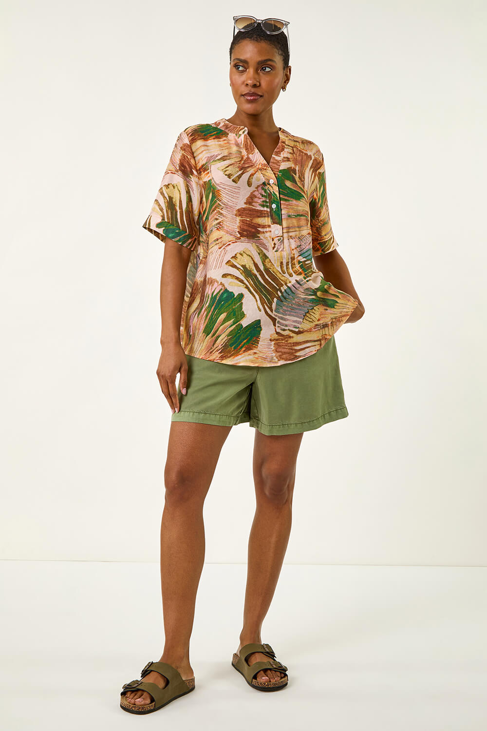 Abstract Print V-Neck Button Top