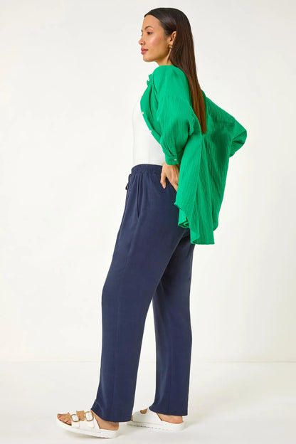 Elastic Waist Tie Front Linen Mix Trouser