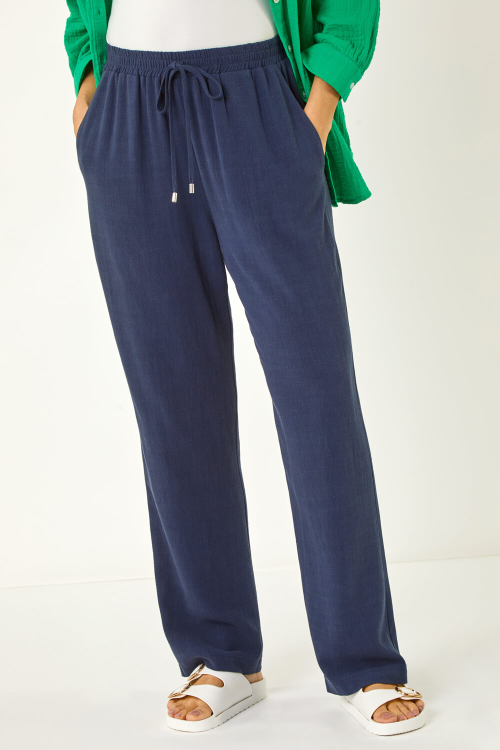 Elastic Waist Tie Front Linen Mix Trouser