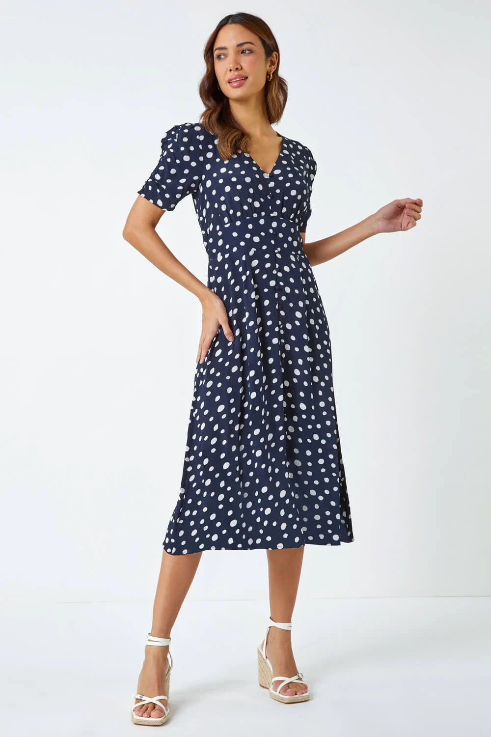Polka Dot Ruched Sleeve Midi Dress