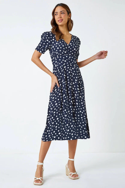 Polka Dot Ruched Sleeve Midi Dress