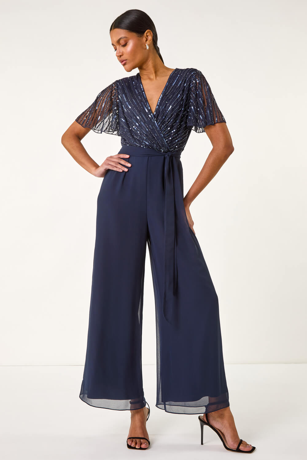 Embellished Beaded V-Neck Jumpsuit