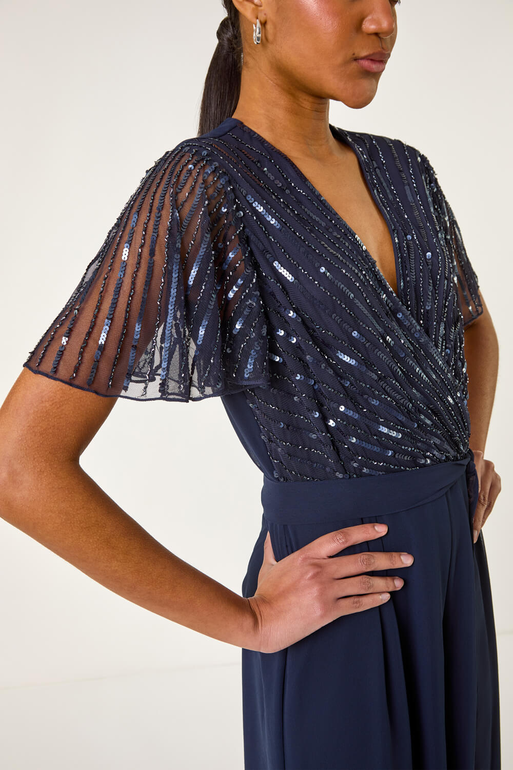 Embellished Beaded V-Neck Jumpsuit