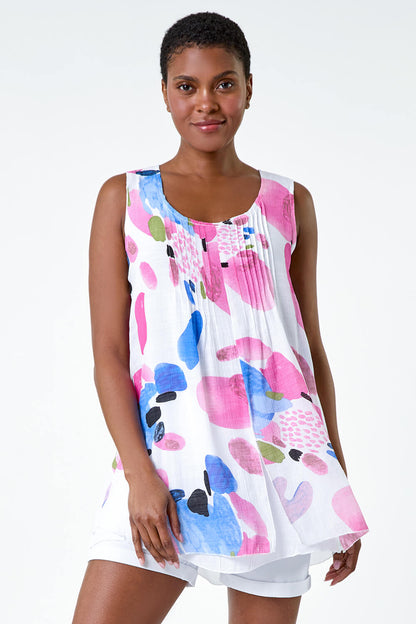 Abstract Print Pintuck Overlay Vest Top