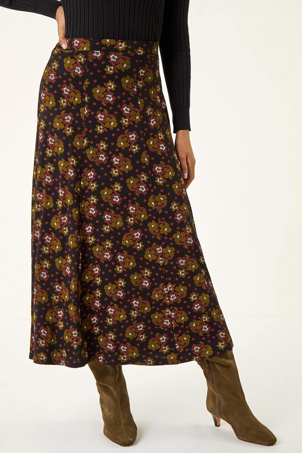 Ditsy Floral Elastic Waist A Line Midi Skirt