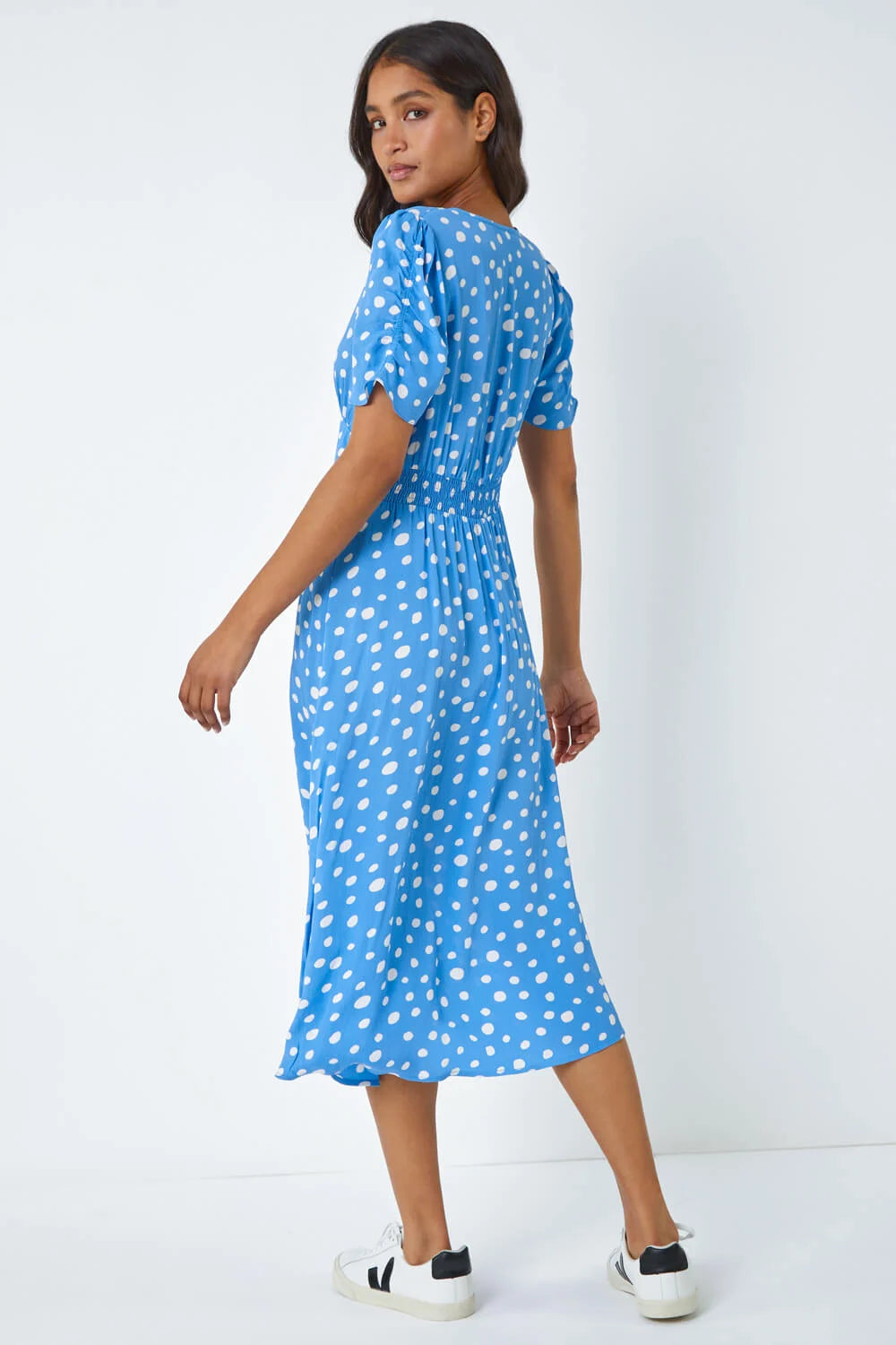 Polka Dot Ruched Sleeve Midi Dress