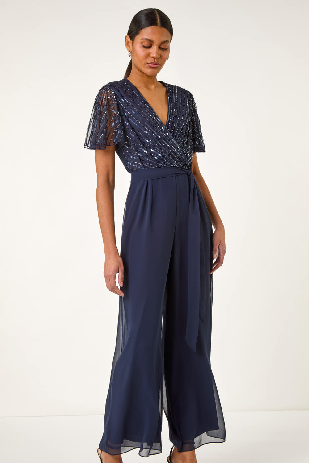 Embellished Beaded V-Neck Jumpsuit