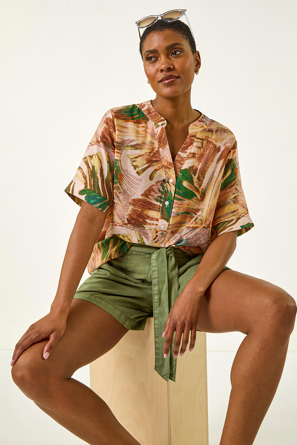 Abstract Print V-Neck Button Top