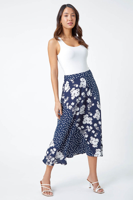 Mixed Floral Spot Print A Line Midi Skirt