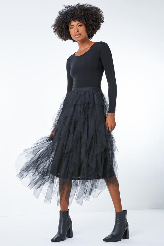 Elastic Waist Mesh Layered A Line Skirt