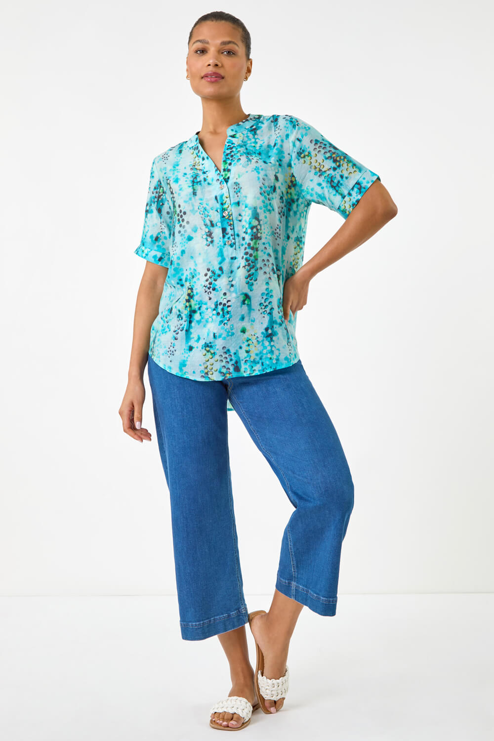 Abstract Print V-Neck Button Top