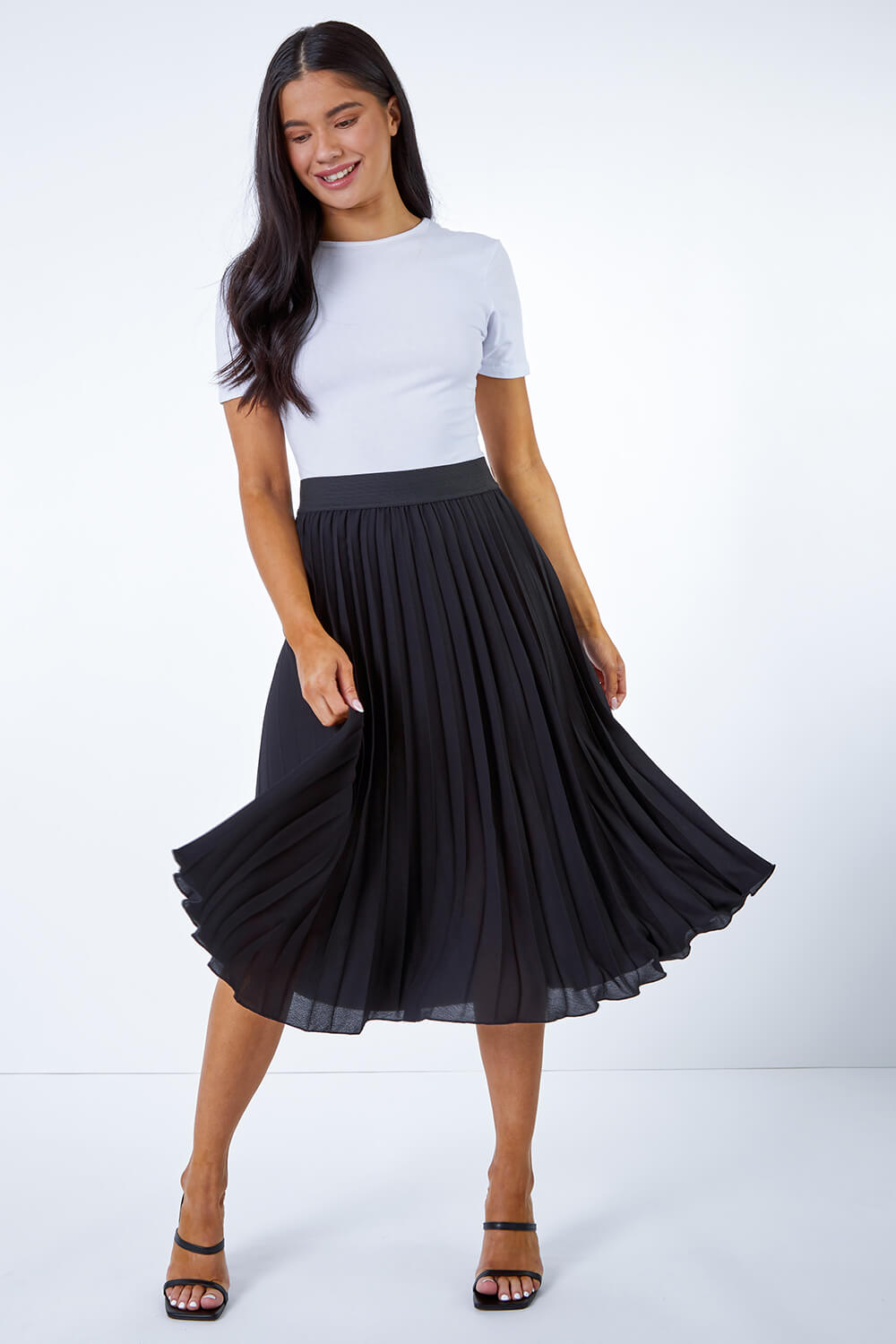 Petite Pleated Elastic Waist Midi Skirt