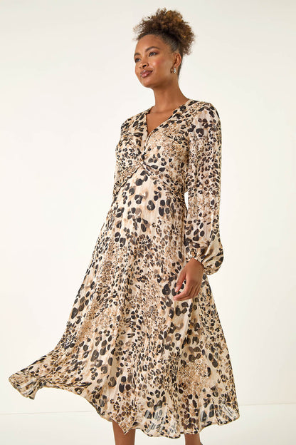 Natural Animal Print Twist Front Dress