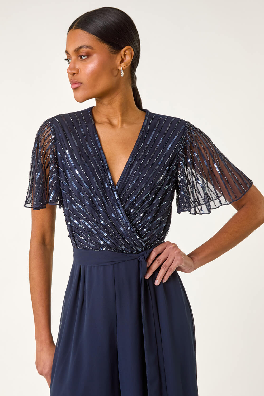 Embellished Beaded V-Neck Jumpsuit