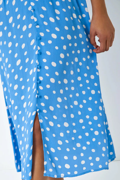 Polka Dot Ruched Sleeve Midi Dress
