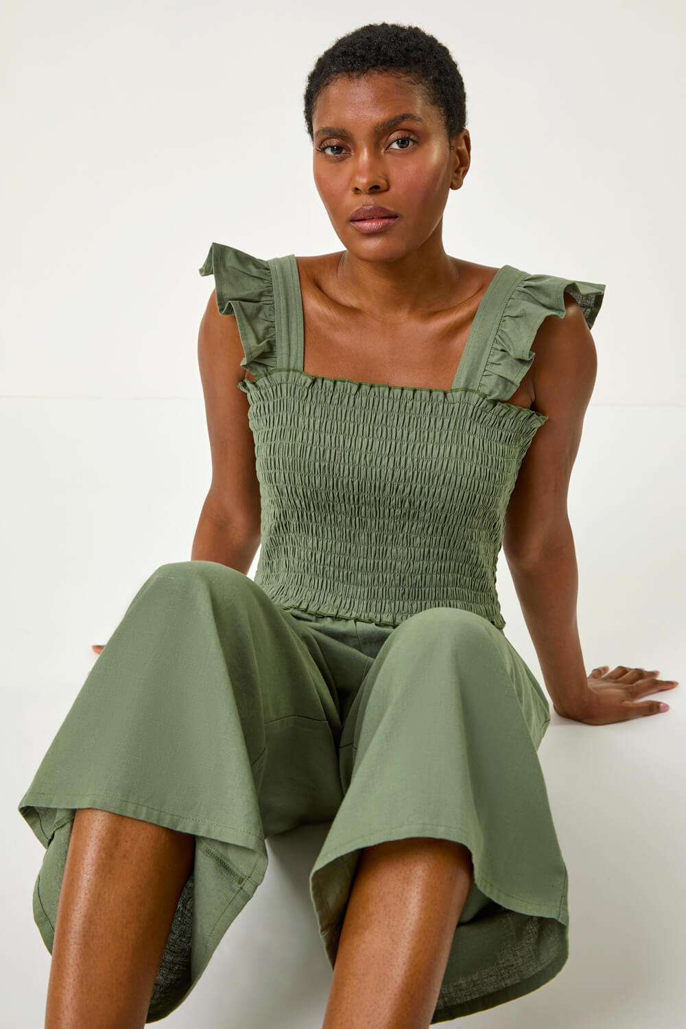 Linen Blend Frill Jumpsuit