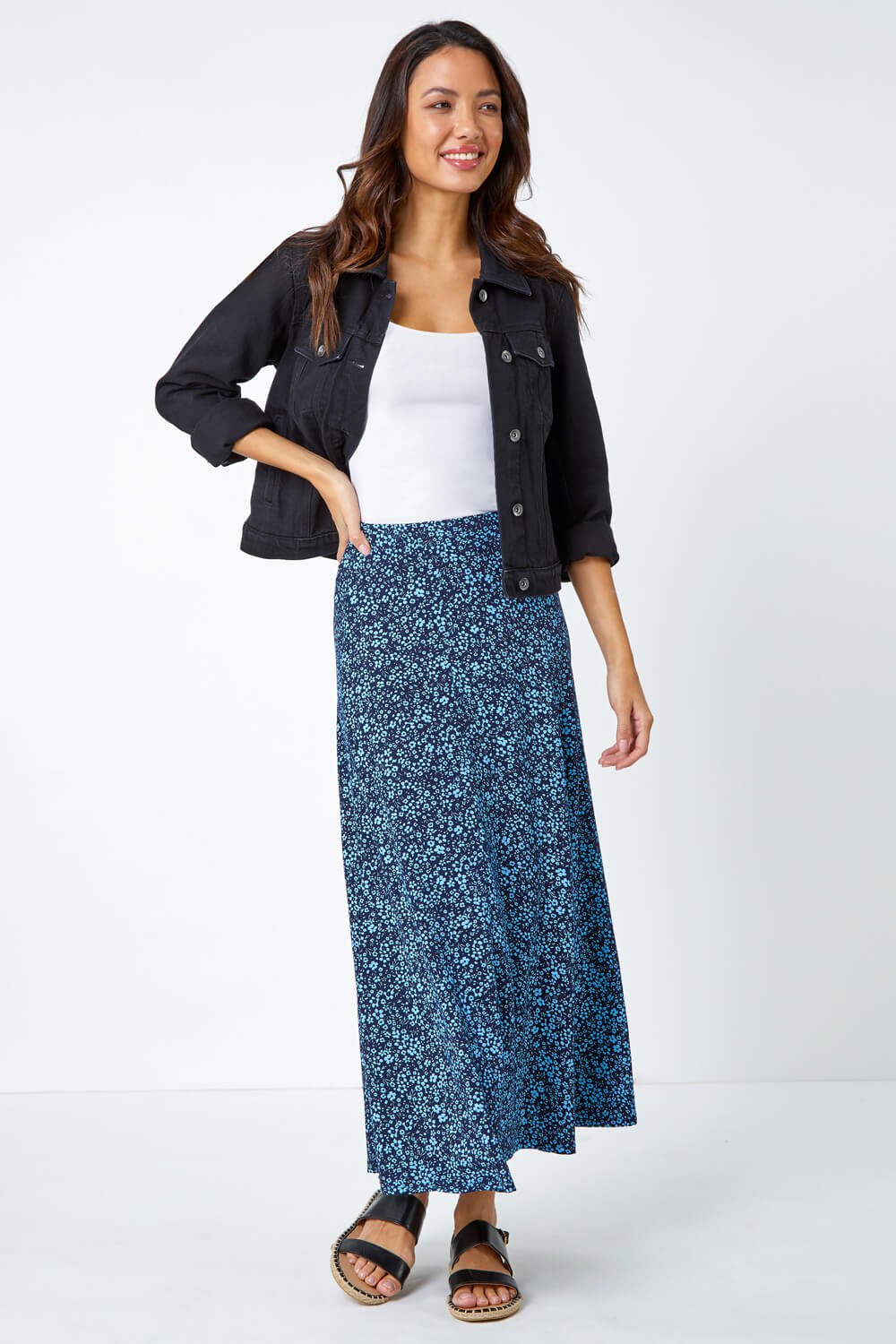 Ditsy Floral Elastic Waist A Line Midi Skirt