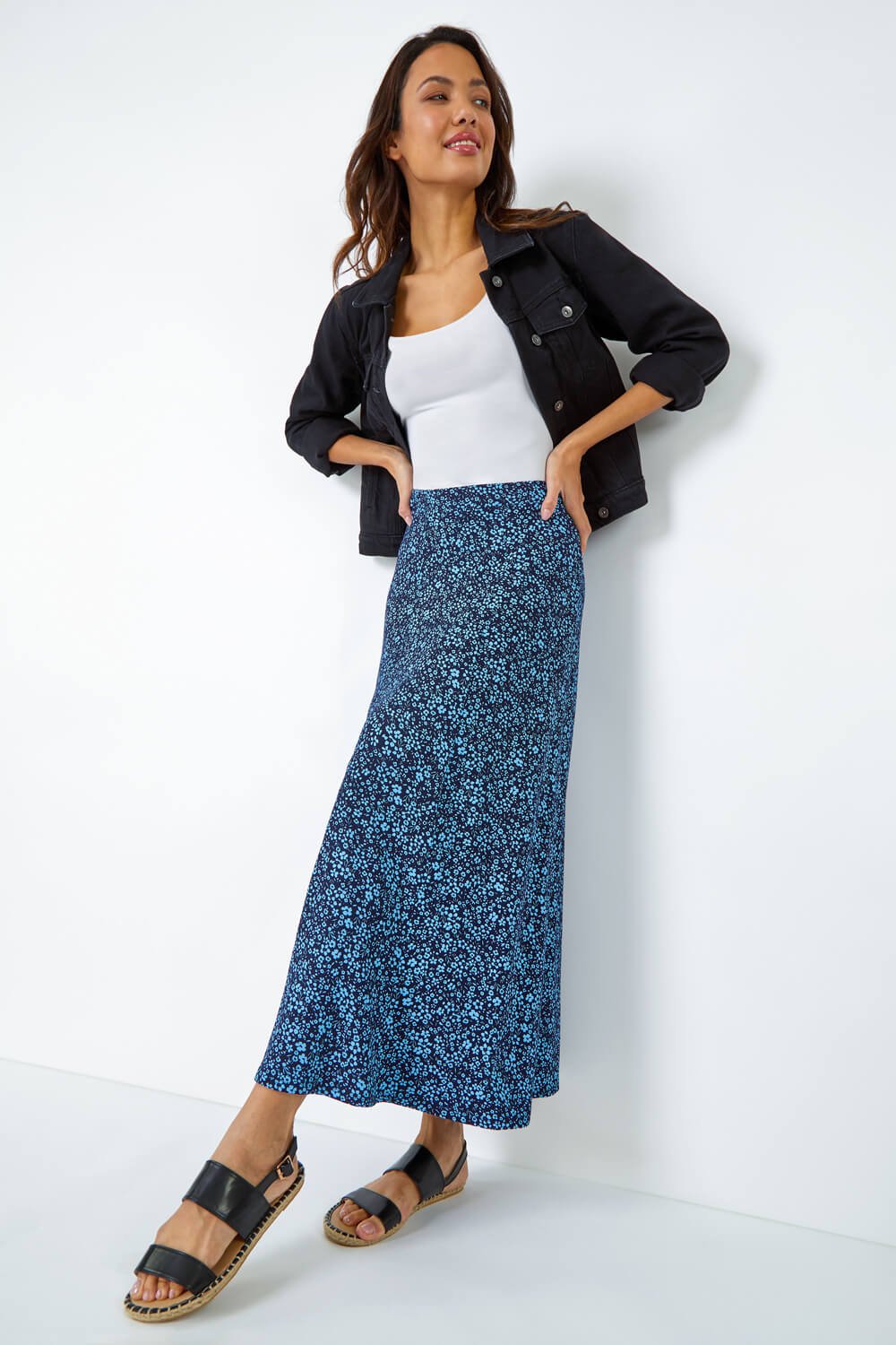 Ditsy Floral Elastic Waist A Line Midi Skirt