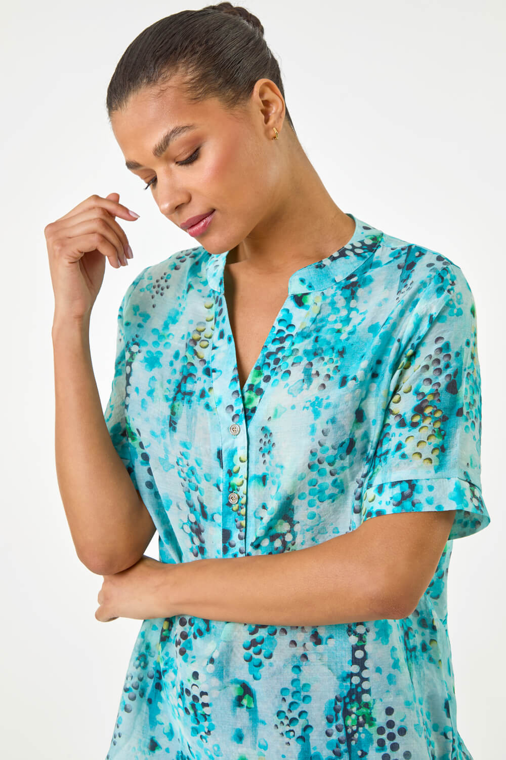 Abstract Print V-Neck Button Top