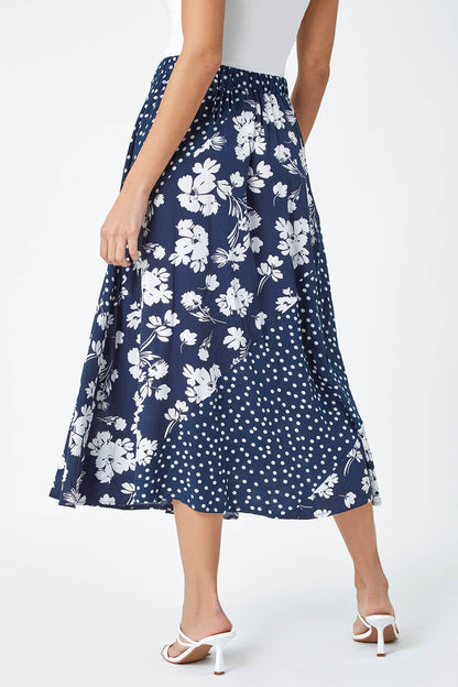 Mixed Floral Spot Print A Line Midi Skirt