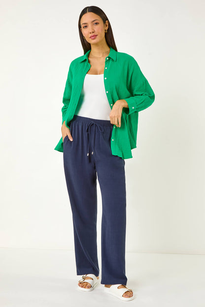 Elastic Waist Tie Front Linen Mix Trouser