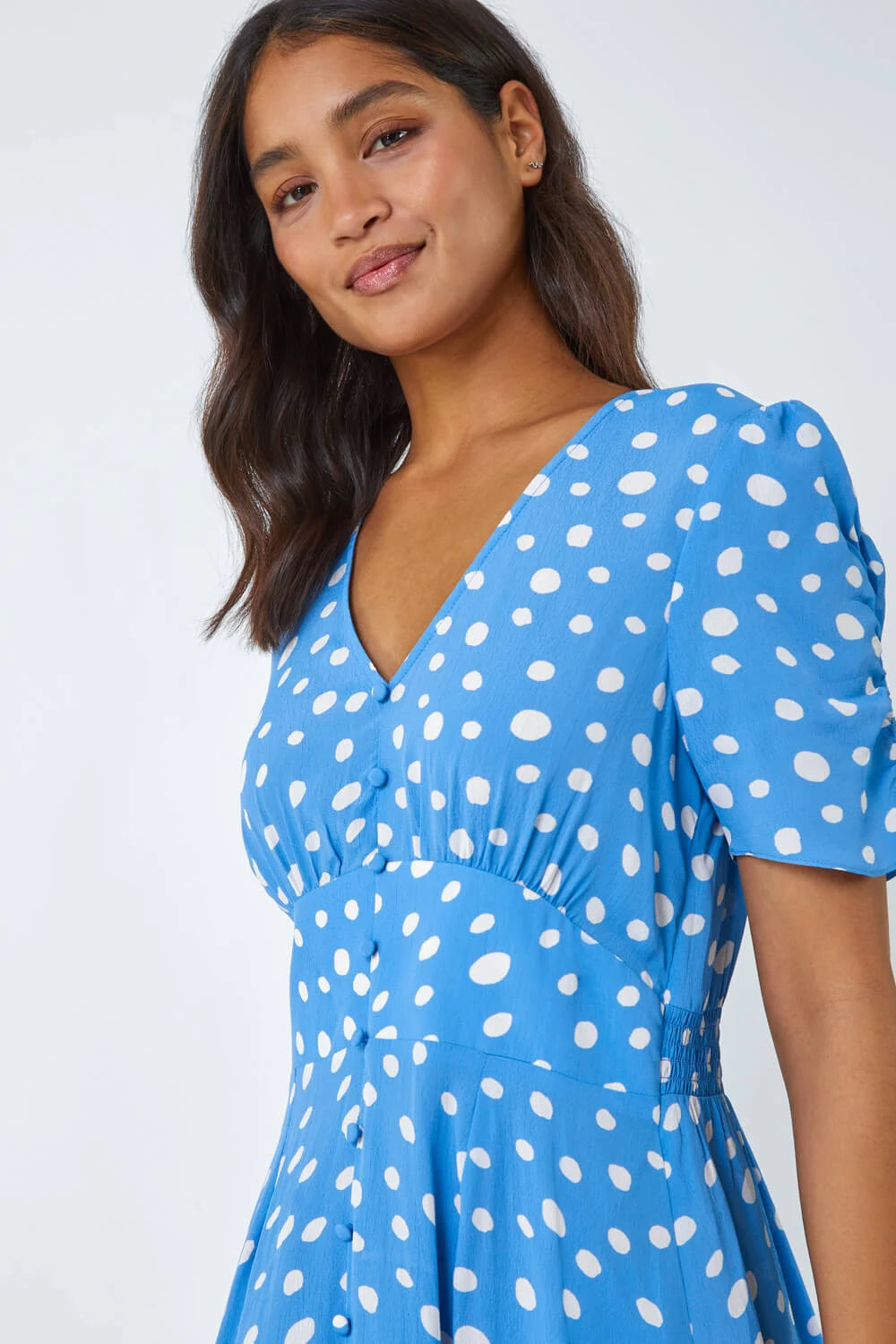 Polka Dot Ruched Sleeve Midi Dress