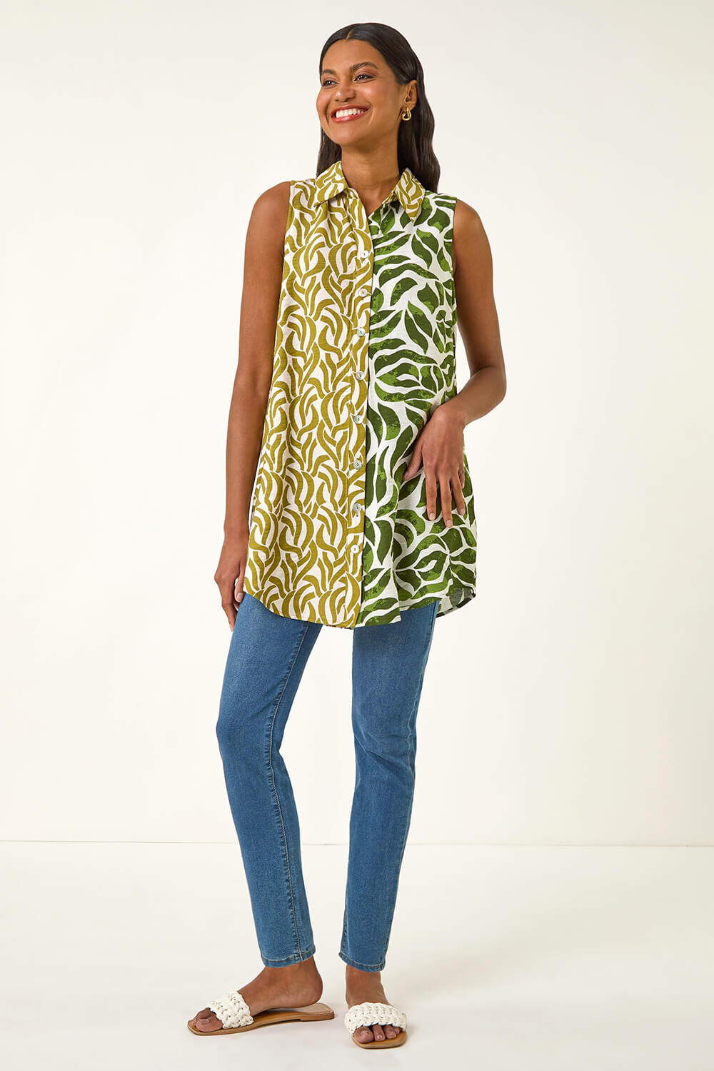 Leaf Print Button Longline Shirt