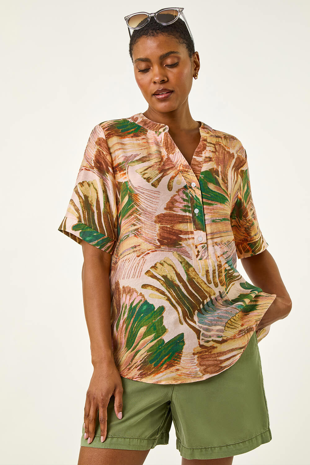 Abstract Print V-Neck Button Top