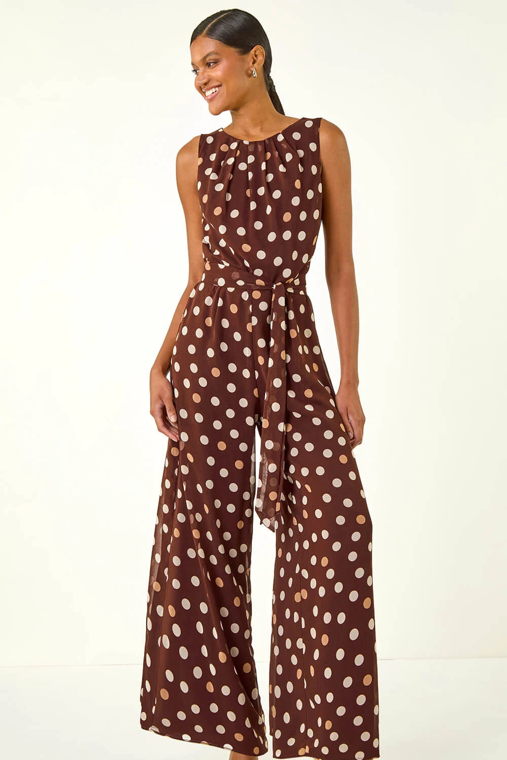 Spot Print Chiffon Belted Jumpsuit