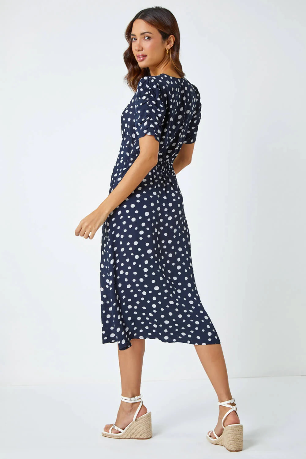 Polka Dot Ruched Sleeve Midi Dress