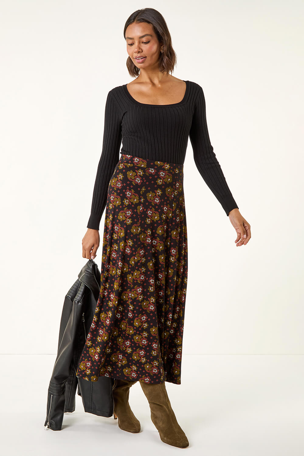 Ditsy Floral Elastic Waist A Line Midi Skirt