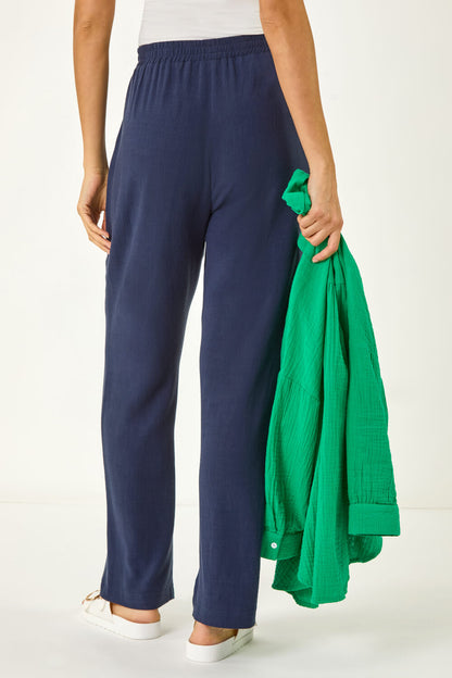 Elastic Waist Tie Front Linen Mix Trouser