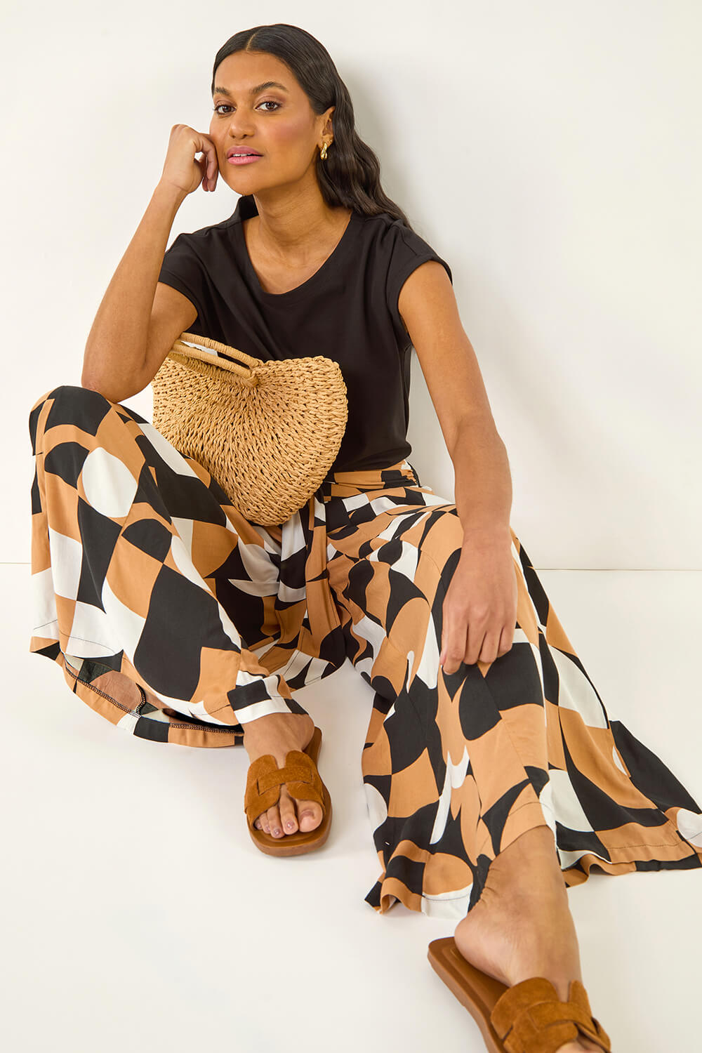 Geometric Print Tie Waist Stretch Trouser