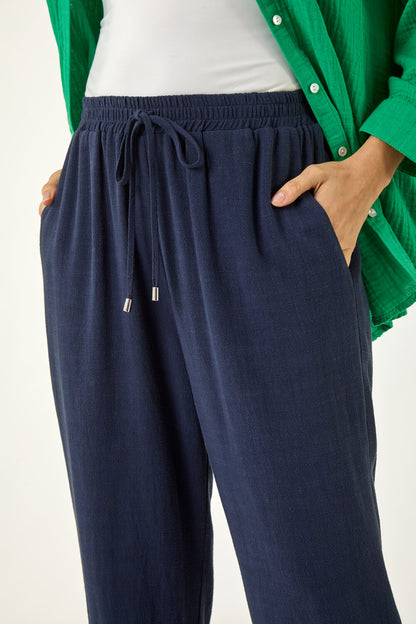 Elastic Waist Tie Front Linen Mix Trouser