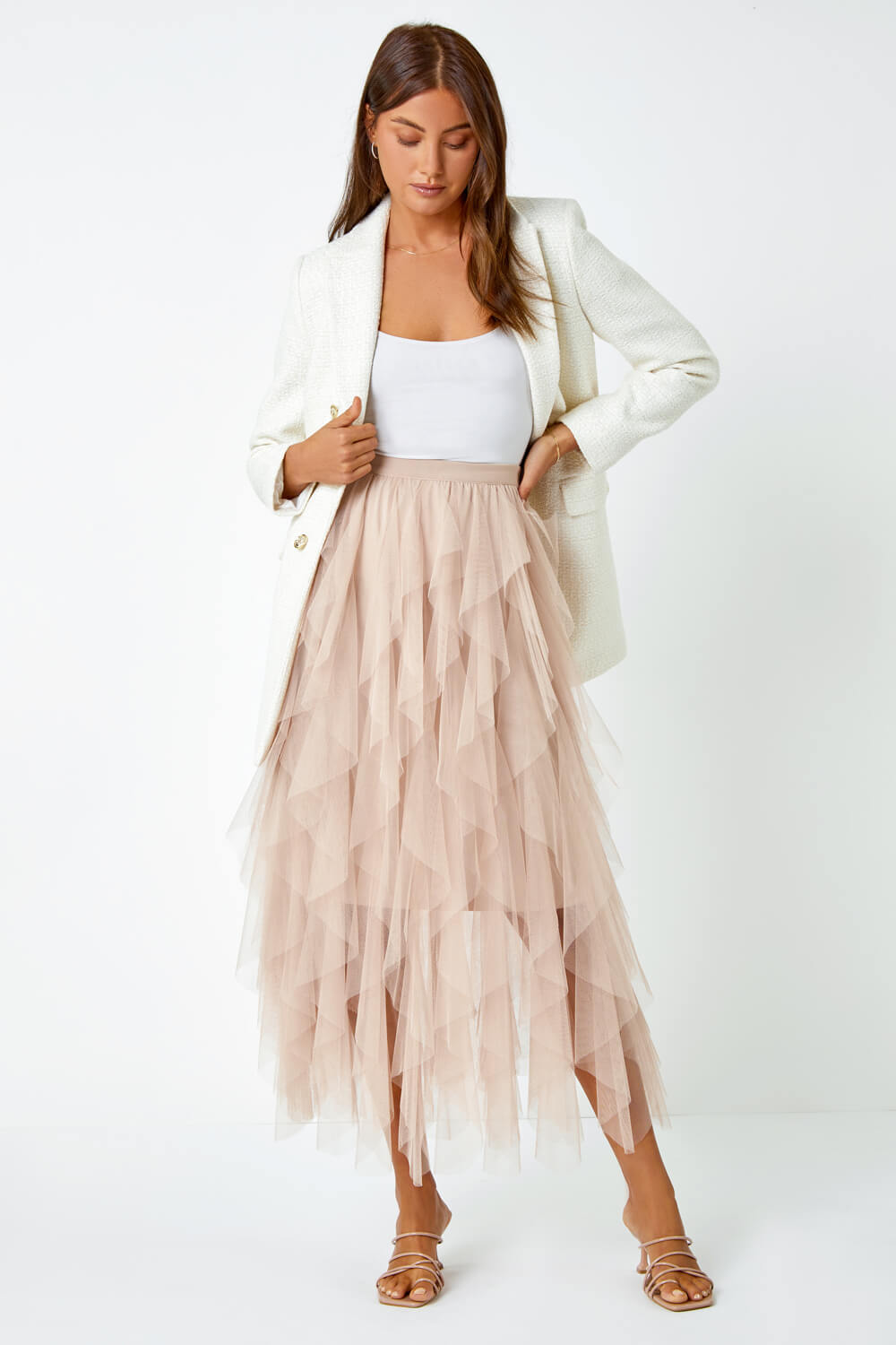 Elastic Waist Mesh Layered A Line Skirt