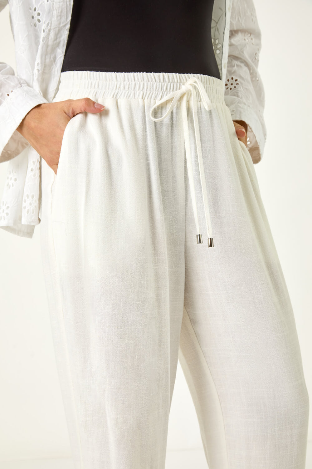 Elastic Waist Tie Front Linen Mix Trouser