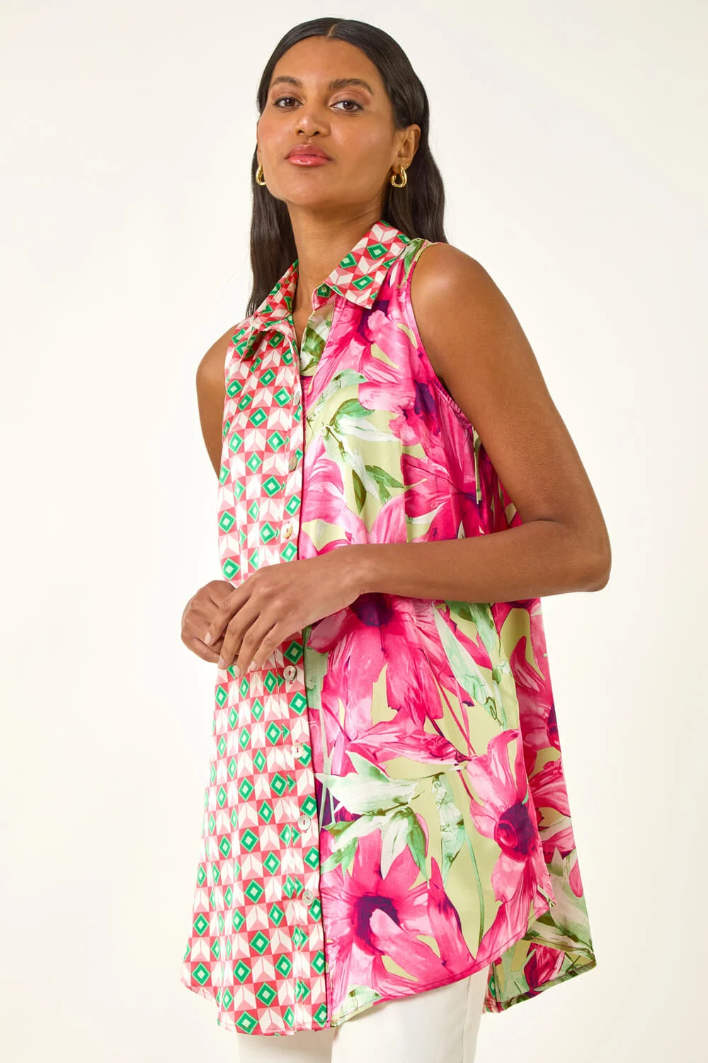 Leaf Print Button Longline Shirt