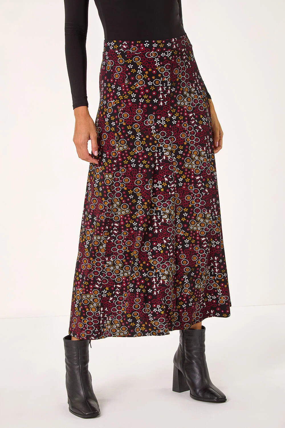 Ditsy Floral Elastic Waist A Line Midi Skirt
