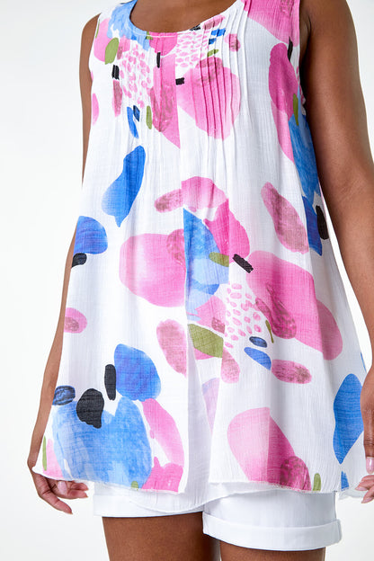 Abstract Print Pintuck Overlay Vest Top