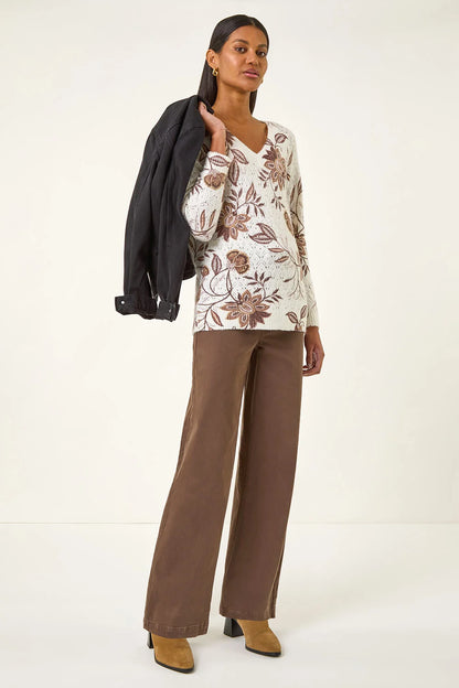 Floral Print V-Neck Knit Jumper