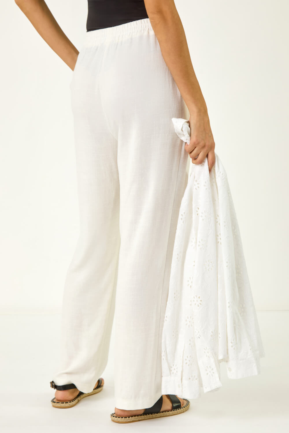 Elastic Waist Tie Front Linen Mix Trouser