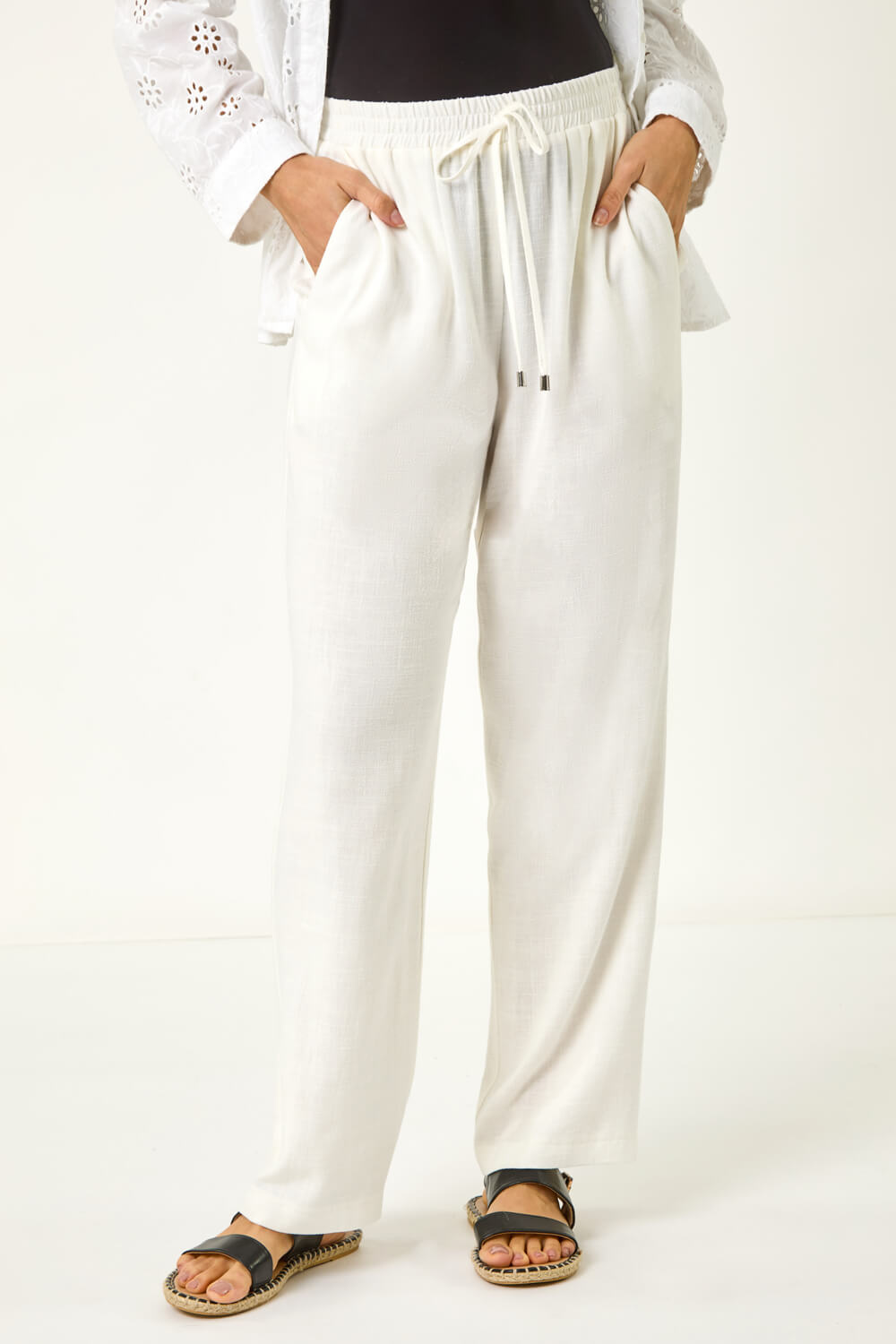 Elastic Waist Tie Front Linen Mix Trouser