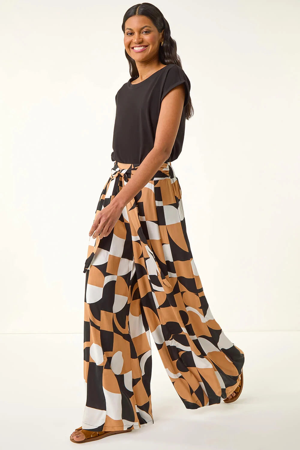 Geometric Print Tie Waist Stretch Trouser