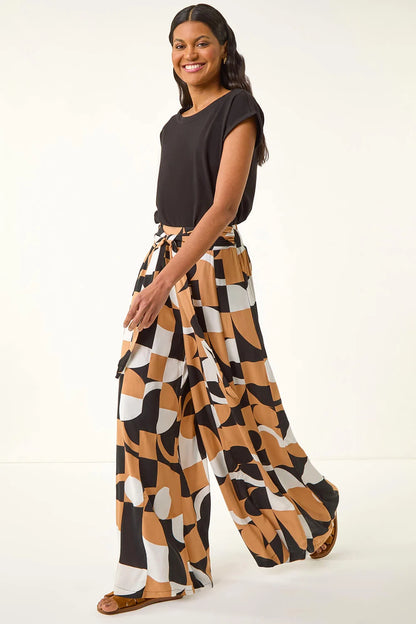 Geometric Print Tie Waist Stretch Trouser