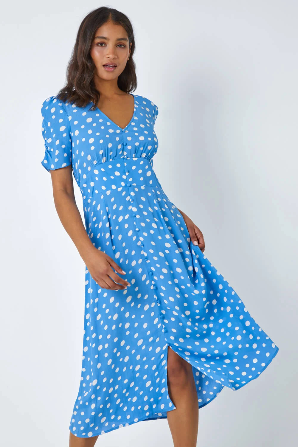 Polka Dot Ruched Sleeve Midi Dress