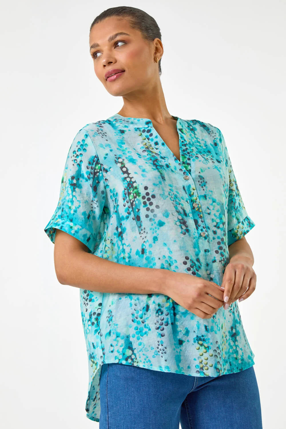Abstract Print V-Neck Button Top