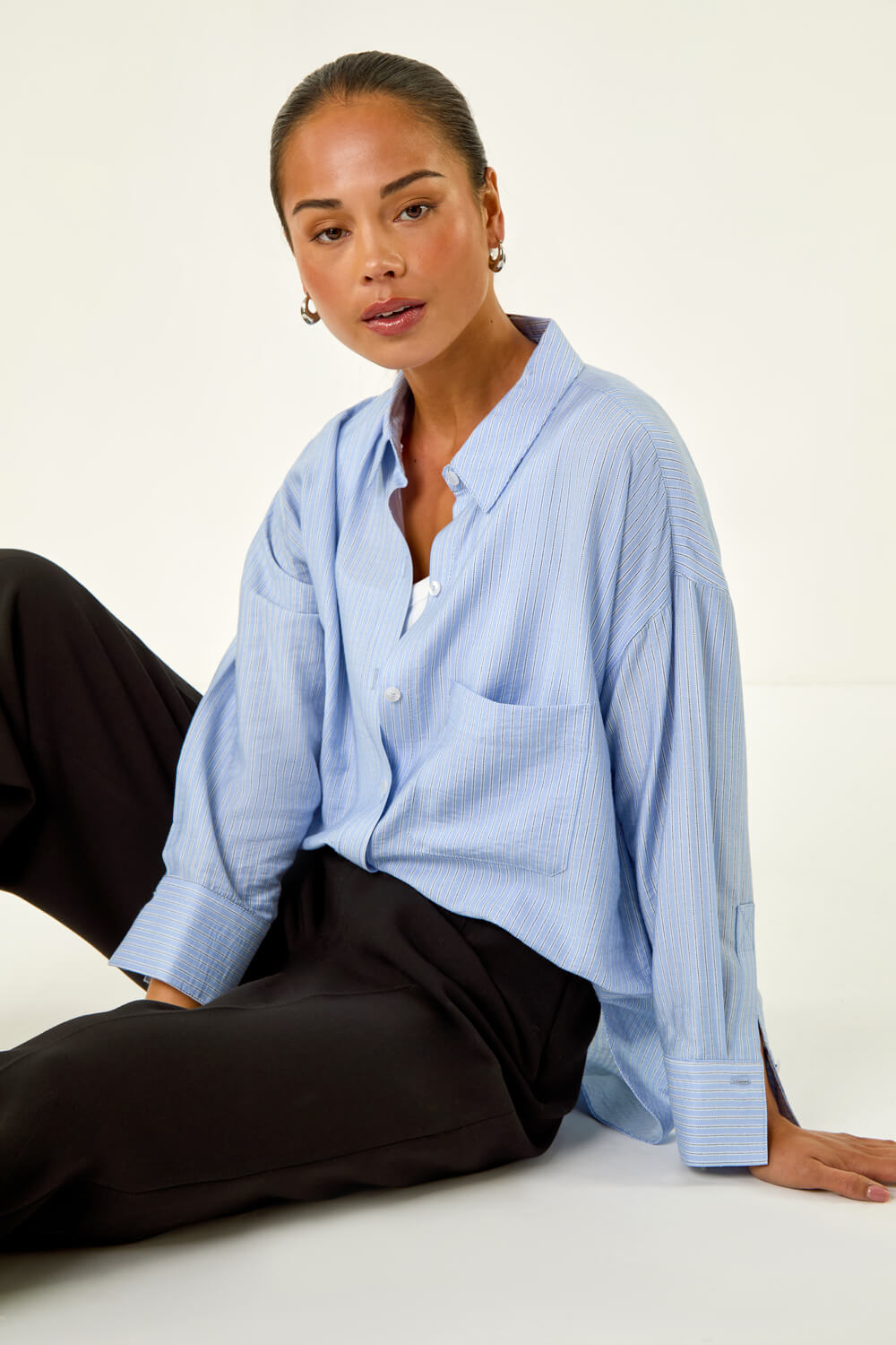 Petite Stripe Buttoned Pocket Front Shirt