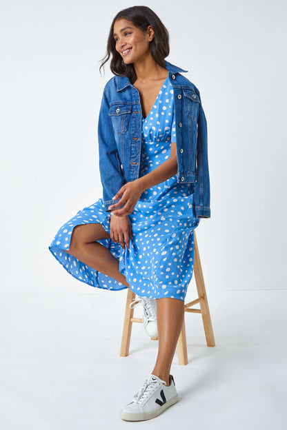 Polka Dot Ruched Sleeve Midi Dress
